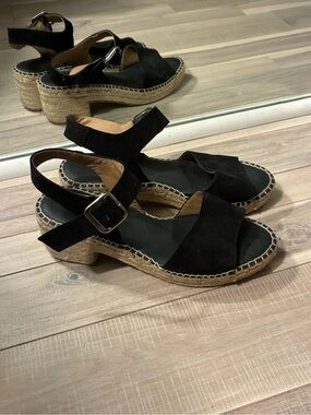 Black Suede Espadrille Sandals with Buckle Strap